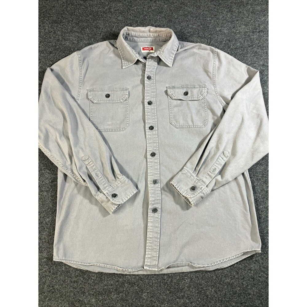 Wrangler Mens Large L Gray Twill Button Up Long Sleeve Work Shirt Pockets Flex